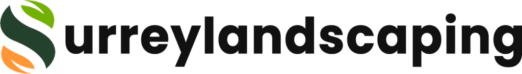 Logo of Surrey Landscaping with the text "Surreylandscaping" in lowercase black letters. To the left of the text, there is a stylized "S" composed of green, dark green, and orange leaf shapes. This design beautifully reflects the essence of Surrey Landscaping's commitment to nature.