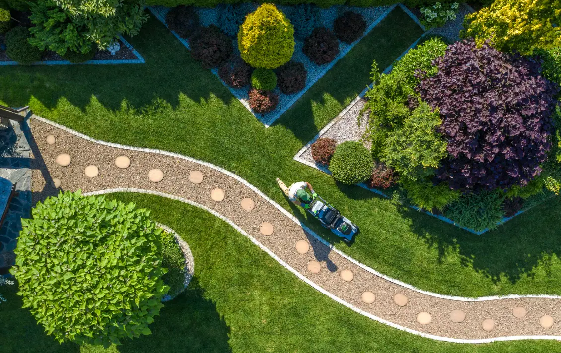Aerial view of a person mowing the lawn in a well-maintained garden with lush green grass, colorful shrubs, and a winding gravel path adorned with stepping stones amidst neatly trimmed trees and bushes. The garden features distinct, neat borders and varied foliage.